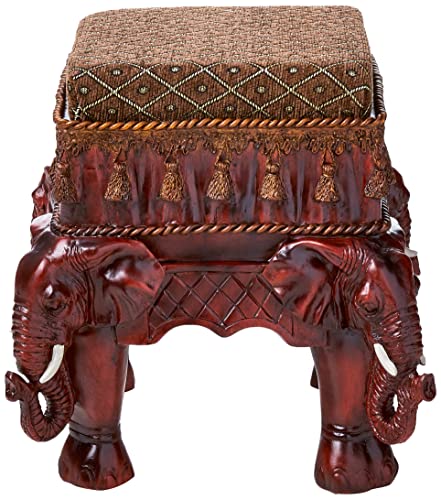 Design Toscano Maharajah Elephants Indian Decor Upholstered Footstool, 13 Inches Wide, 13 Inches Deep, 13 Inches High, Handcast Polyresin, Wood Tone Finish