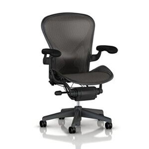 herman miller aeron tilt limiter task chair, adjustable vinyl arms, graphite frame / carbon classic pellicle, size b (medium)