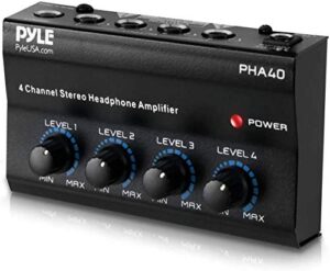 pyle-pro 4-channel portable stereo headphone amplifier-professional multi-channel mini earphone splitter amp w/4 ¼” balanced trs headphones output jack and 1/4' trs audio input for sound mixer-pha40.