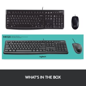 logitech mk120 wired keyboard and mouse combo for windows, optical wired mouse, full-size keyboard, usb plug-and-play, compatible with pc, laptop - black
