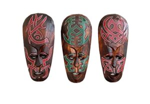 oma wooden hand crafted african wall masks stunning tribal motifs tiki polynesian wall art home decor gift set of three - 12" high
