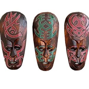 OMA Wooden Hand Crafted African Wall Masks Stunning Tribal Motifs Tiki Polynesian Wall Art Home Decor Gift Set Of Three - 12" High