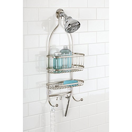 iDesign York Metal Wire Hanging Shower Caddy, Extra Wide Space for Shampoo, Conditioner, and Soap with Hooks for Razors, Towels, and More, 10" x 4" x 22", Satin Silver