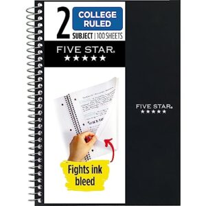 five star small spiral notebook, 2 subject, college ruled paper, 9-1/2" x 6", 100 sheets, black (72285)