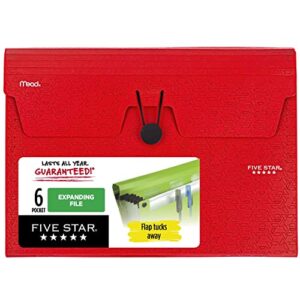 five star 6 pocket expanding file organizer, plastic expandable file folders with pockets and tab inserts, holds 11" x 8-1/2", bungee closure, fire red (72387)
