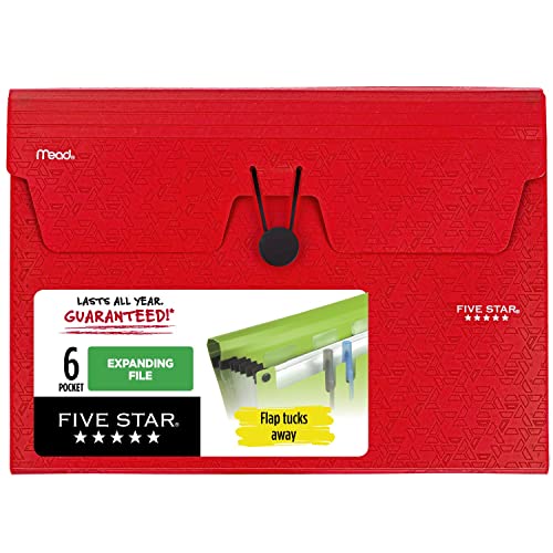 Five Star 6 Pocket Expanding File Organizer, Plastic Expandable File Folders with Pockets and Tab Inserts, Holds 11" x 8-1/2", Bungee Closure, Fire Red (72387)