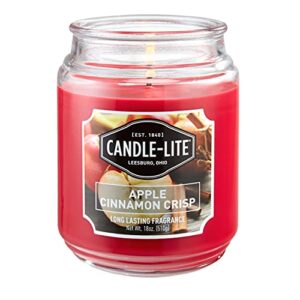 candle-lite scented, apple cinnamon crisp fragrance, one 18 oz. single-wick aromatherapy candle with 110 hours of burn time, red color
