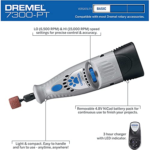 Dremel 7300-PT 4.8V Cordless Pet Dog Nail Grooming & Grinding Tool, Easy to Use, Rechargeable, Safely Trim Pet & Dog Nails , Grey , Medium
