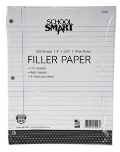 school smart - 85285 3-hole punched filler paper w/ red margin, 8 x 10-1/2 inches, wide ruled, 200 sheets,white