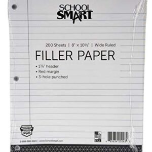 School Smart - 85285 3-Hole Punched Filler Paper w/ Red Margin, 8 x 10-1/2 Inches, Wide Ruled, 200 Sheets,White