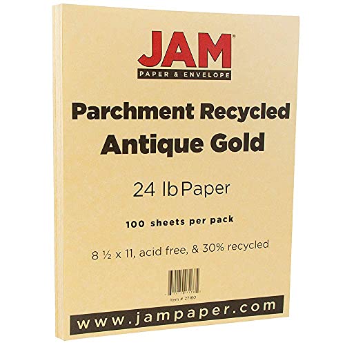 JAM PAPER Parchment 24lb Paper - 90 gsm - 8.5 x 11 - Antique Gold Recycled - 100 Sheets/Pack