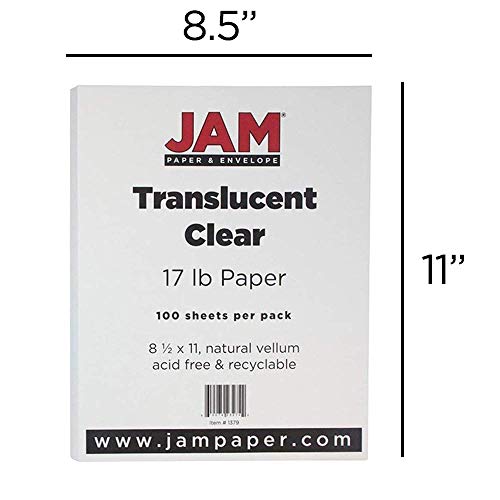 JAM PAPER Translucent Vellum 17lb Paper - 62 GSM - 8.5 x 11 - Clear - 100 Sheets/Pack