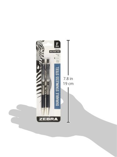 ZEBRA Pen F-301 Retractable Ballpoint Pen, Stainless Steel Barrel, Bold Point, 1.6mm, Black Ink, 2-Pack