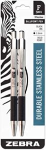 zebra pen f-301 retractable ballpoint pen, stainless steel barrel, bold point, 1.6mm, black ink, 2-pack