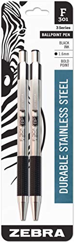 ZEBRA Pen F-301 Retractable Ballpoint Pen, Stainless Steel Barrel, Bold Point, 1.6mm, Black Ink, 2-Pack