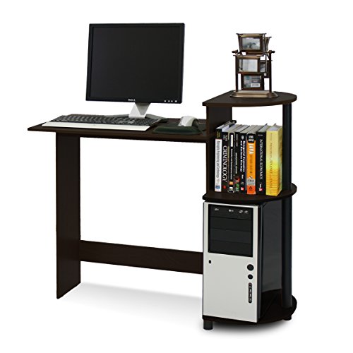 Furinno Compact Computer Desk with Shelves, Round Side, Espresso/Black