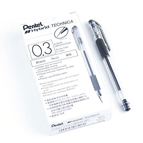 Pentel Arts Hybrid Technica 0.3 mm Pen, Ultra Fine Point, Black Ink, Box of 12 (KN103-A)