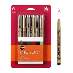 sakura pigma micron fineliner pens - archival black and colored ink pens - pens for writing, drawing, or journaling - black and assorted colored ink - 05 point size - 6 pack