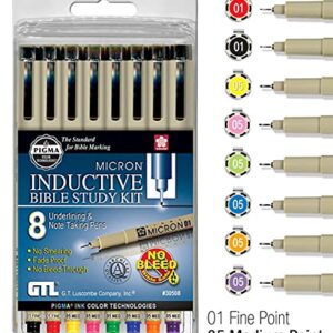 G.T. Luscombe Company, Inc. Pigma Micron 01 Fine & 05 Medium Point Inductive Bible Study Pen Kit | No Bleed Pigmented Ink | Black, Red, Orange, Blue, Green, Pink, Violet, Yellow (Set of 8) | New Packaging |