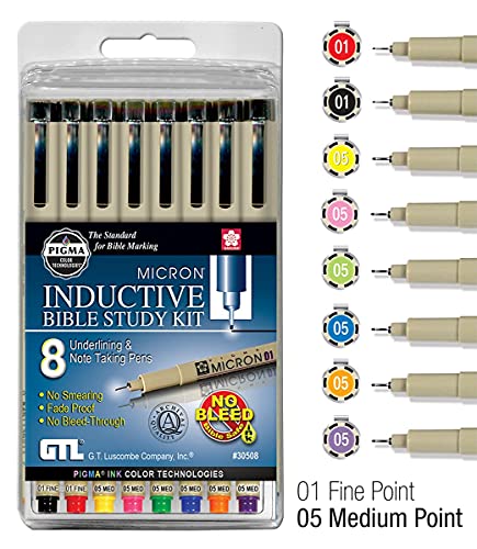 G.T. Luscombe Company, Inc. Pigma Micron 01 Fine & 05 Medium Point Inductive Bible Study Pen Kit | No Bleed Pigmented Ink | Black, Red, Orange, Blue, Green, Pink, Violet, Yellow (Set of 8) | New Packaging |