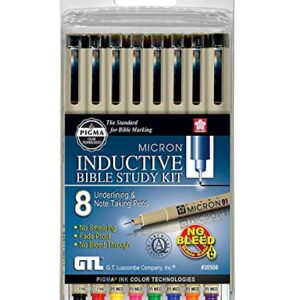 G.T. Luscombe Company, Inc. Pigma Micron 01 Fine & 05 Medium Point Inductive Bible Study Pen Kit | No Bleed Pigmented Ink | Black, Red, Orange, Blue, Green, Pink, Violet, Yellow (Set of 8) | New Packaging |