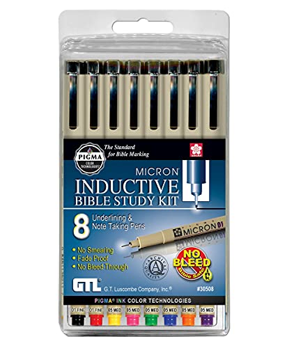 G.T. Luscombe Company, Inc. Pigma Micron 01 Fine & 05 Medium Point Inductive Bible Study Pen Kit | No Bleed Pigmented Ink | Black, Red, Orange, Blue, Green, Pink, Violet, Yellow (Set of 8) | New Packaging |