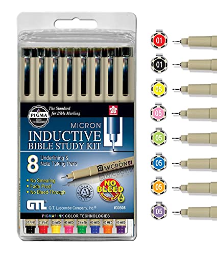 G.T. Luscombe Company, Inc. Pigma Micron 01 Fine & 05 Medium Point Inductive Bible Study Pen Kit | No Bleed Pigmented Ink | Black, Red, Orange, Blue, Green, Pink, Violet, Yellow (Set of 8) | New Packaging |