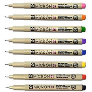 G.T. Luscombe Company, Inc. Pigma Micron 01 Fine & 05 Medium Point Inductive Bible Study Pen Kit | No Bleed Pigmented Ink | Black, Red, Orange, Blue, Green, Pink, Violet, Yellow (Set of 8) | New Packaging |