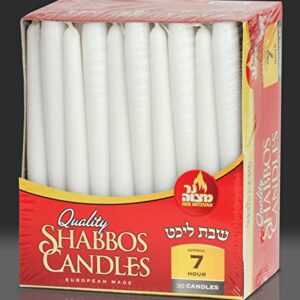 Classic White Taper Candles – 8 Inch – 30 Bulk Pack – for Shabbat, Dinner Tables, Restaurants, Ceremonies and Emergency - 7 Hour Burn Time