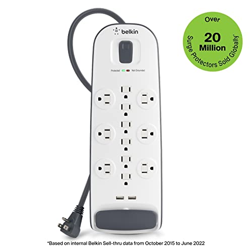 Belkin Power Strip Surge Protector - 12 AC Multiple Outlets, Ethernet & Cable Protection - 8 ft Long Extension Cord for Home, Office, Travel, Computer Desktop & Charging Brick - 4000 Joules, White