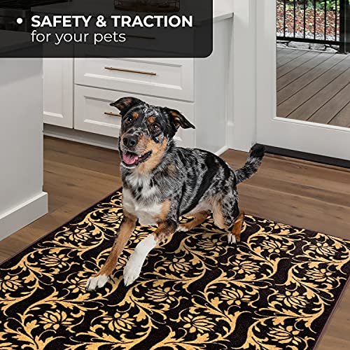 House, Home and More Skid-Resistant Carpet Indoor Area Rug Floor Mat – Laurel Lane – Espresso Brown & Golden Cream – 3 Feet X 5 Feet