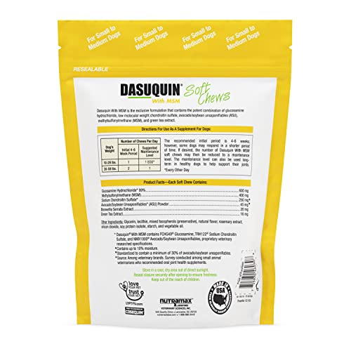 Nutramax Dasuquin with MSM Joint Health Supplement for Small to Medium Dogs - With Glucosamine, MSM, Chondroitin, ASU, Boswellia Serrata Extract, and Green Tea Extract, 84 Soft Chews