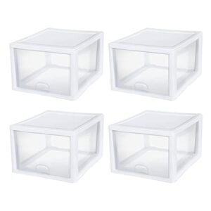 sterilite 27 quart white frame clear plastic stackable storage container bin w/single drawer, 4 pack