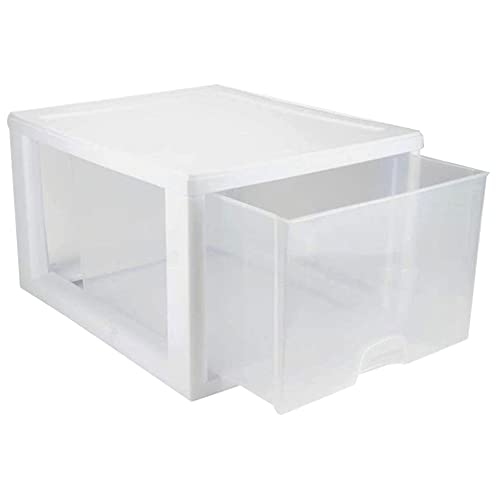 Sterilite 27 Quart White Frame Clear Plastic Stackable Storage Container Bin w/Single Drawer, 4 Pack