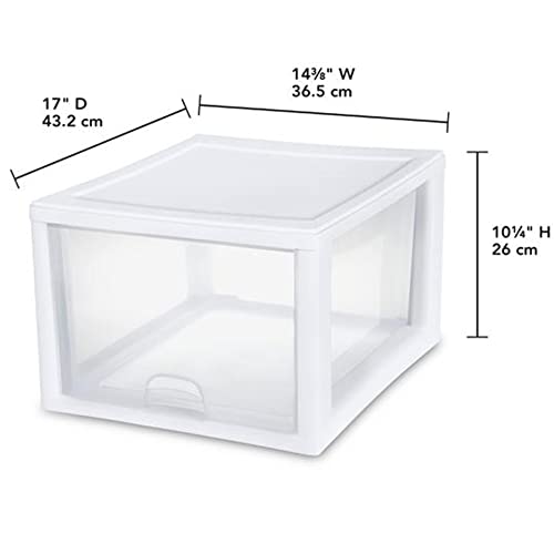 Sterilite 27 Quart White Frame Clear Plastic Stackable Storage Container Bin w/Single Drawer, 4 Pack