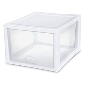 Sterilite 27 Quart White Frame Clear Plastic Stackable Storage Container Bin w/Single Drawer, 4 Pack