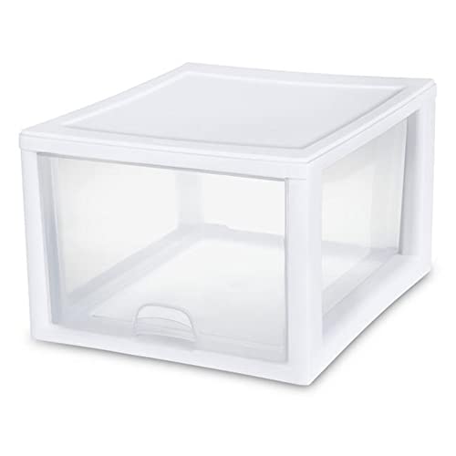 Sterilite 27 Quart White Frame Clear Plastic Stackable Storage Container Bin w/Single Drawer, 4 Pack