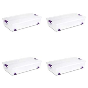 sterilite 17611704 60 quart/57 liter clearview latch wheeled underbed box, clear lid and base with sweet plum latches and wheels, 4-pack