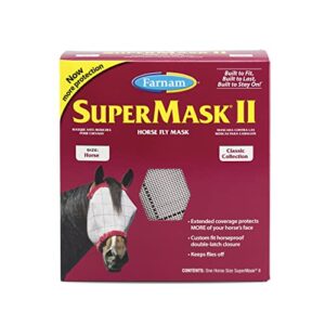 supermask ii fly mask without ears for average size horses, full face coverage and eye protection from insect pests, structured classic styling mesh with plush trim, horse size