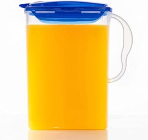 locknlock aqua fridge door water jug with handle bpa free plastic pitcher with flip top lid perfect for making teas and juices, 3 quarts, blue