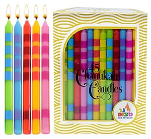 dripless chanukah candles standard size - two tone multi colored hanukkah candles fits most menorahs - premium quality wax - 45 count for all 8 nights of hanukkah - by ner mitzvah