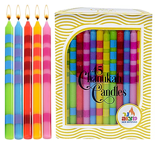 Dripless Chanukah Candles Standard Size - Two Tone Multi Colored Hanukkah Candles Fits Most Menorahs - Premium Quality Wax - 45 Count for All 8 Nights of Hanukkah - by Ner Mitzvah