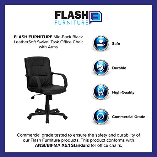 Flash Furniture Rider Mid-Back Black LeatherSoft Swivel Task Office Chair with Arms