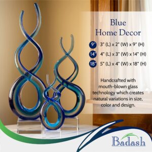 Badash Touch of Blues - Blue Crystal Murano-Style Glass Sculpture - Blue Home Decor Glass Art - 9" Tall Mouth-Blown Glass Wave Sculpture on Crystal Base - Glass Decor Contemporary Home Decor Accent