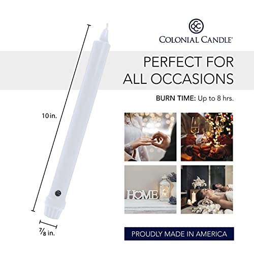 Colonial Candle Unscented Taper Candle, Classic Collection, White, 10 In, Pack of 12 - Up to 8 Hours Burn