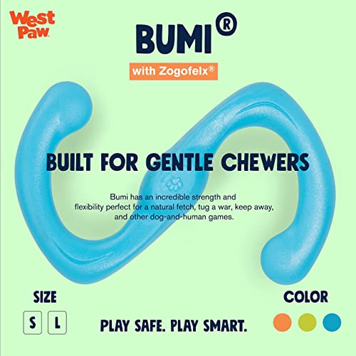 West Paw Zogoflex Bumi Dog Tug Toy – S-Shaped, Lightweight Chew Toys for Fetch, Play, Pet Exercise – Tug of War Soft Flinging Squishy Chewy Toy for Dogs – Guaranteed, Latex-Free, Large 9.5", Aqua Blue