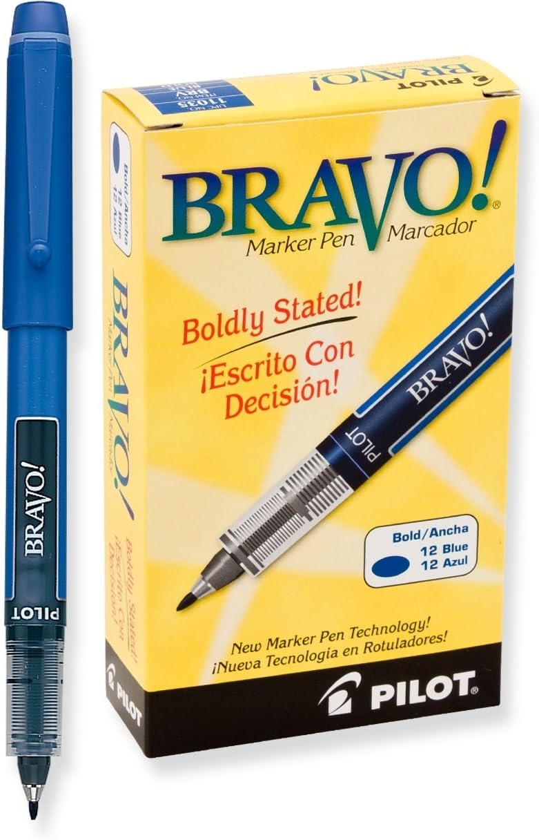 PILOT Bravo Liquid Ink Marker Pens, Bold Point, Blue Ink, 12-Pack (11035)