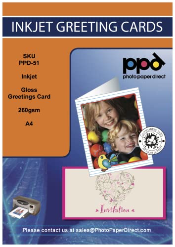 PPD 20 Inkjet Printable Greeting Cards A4 Pre-Scored to A5 260gsm Gloss Inc Envelopes PPD-51-ENV-20