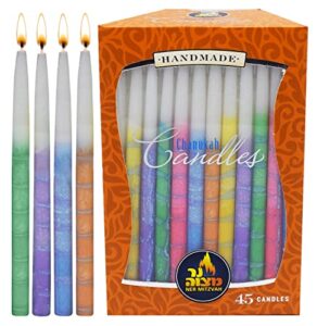 dripless chanukah candles standard size - decorated multi colored hanukkah candles fits most menorahs - premium quality wax - 45 count for all 8 nights of hanukkah - by ner mitzvah