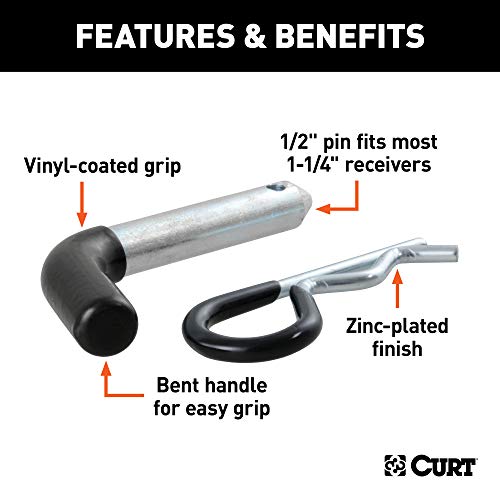 CURT 21410 Trailer Hitch Pin & Clip with Vinyl-Coated Grip, 1/2-Inch Diameter, Fits 1-1/4-Inch Receiver, Clear ZINC